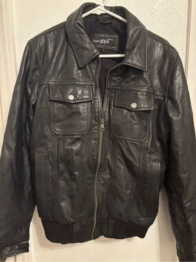 Black Rivet Black Leather Bomber Jacket with Chest Flap Pockets S